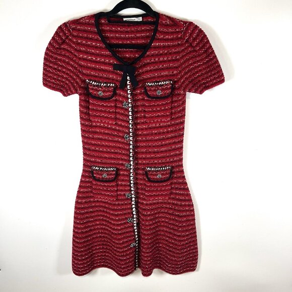 Self-Portrait Dresses & Skirts - Self Portrait Melange Knit Bow Rhinestone Button Red Tweed Mini Dress Medium 6/8